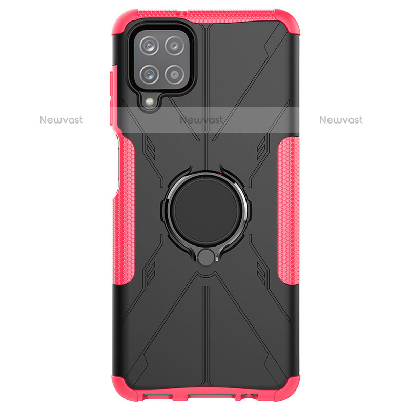 Silicone Matte Finish and Plastic Back Cover Case with Magnetic Finger Ring Stand JX1 for Samsung Galaxy A12 Hot Pink