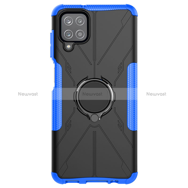 Silicone Matte Finish and Plastic Back Cover Case with Magnetic Finger Ring Stand JX1 for Samsung Galaxy A12 Nacho Blue