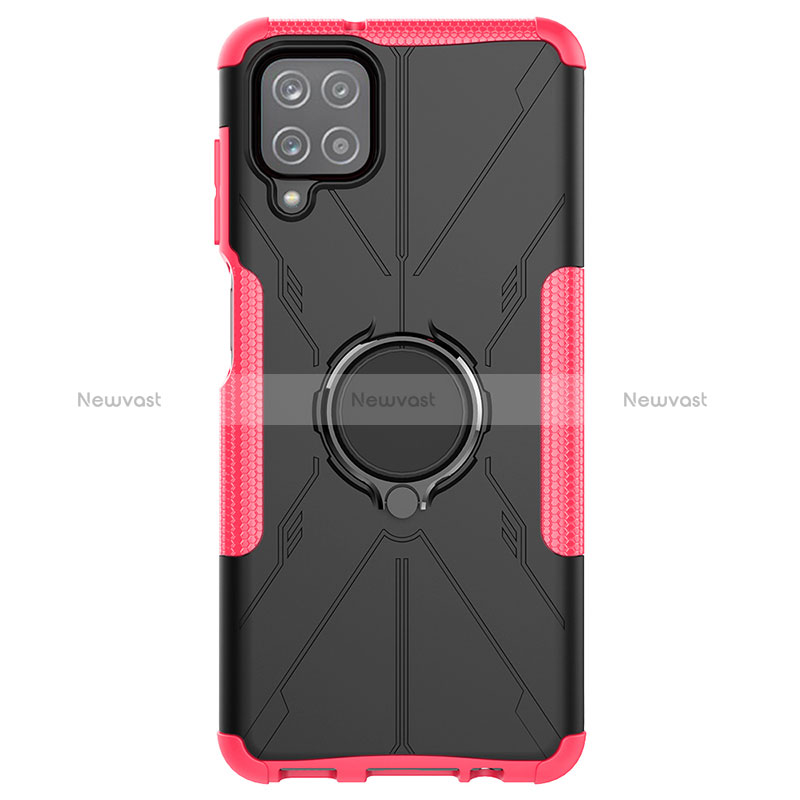 Silicone Matte Finish and Plastic Back Cover Case with Magnetic Finger Ring Stand JX1 for Samsung Galaxy A12 Nacho Hot Pink