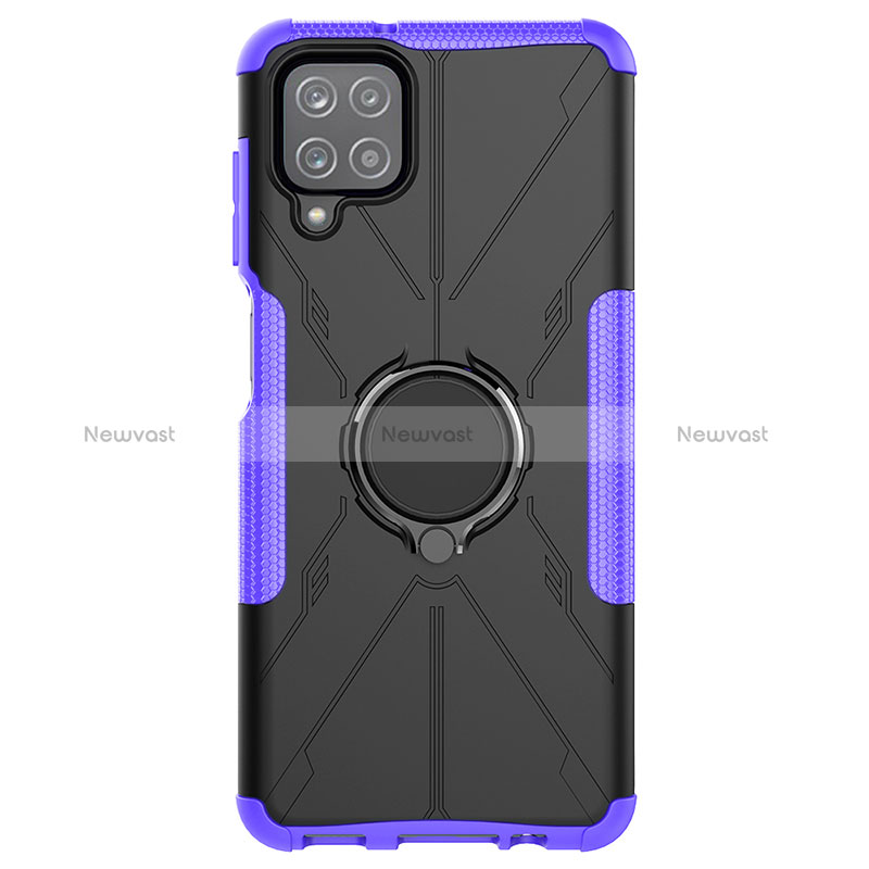 Silicone Matte Finish and Plastic Back Cover Case with Magnetic Finger Ring Stand JX1 for Samsung Galaxy A12 Nacho Purple