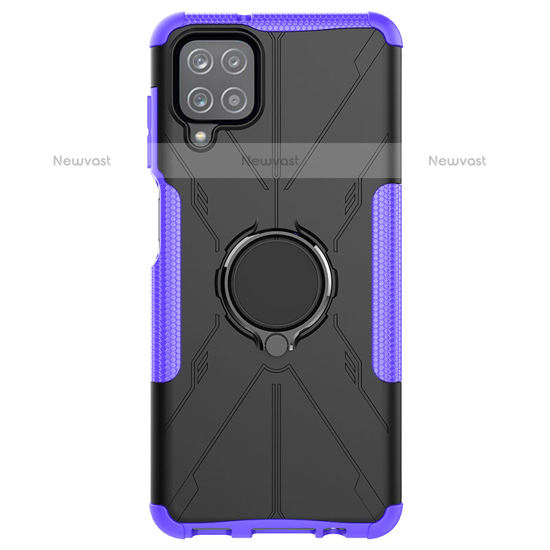 Silicone Matte Finish and Plastic Back Cover Case with Magnetic Finger Ring Stand JX1 for Samsung Galaxy A12 Purple