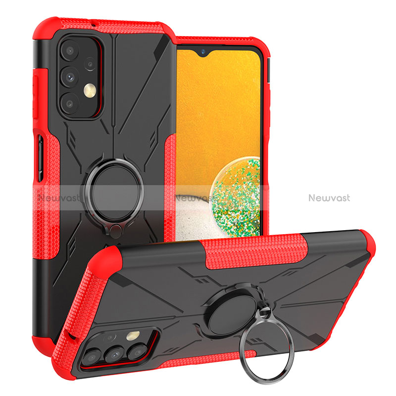 Silicone Matte Finish and Plastic Back Cover Case with Magnetic Finger Ring Stand JX1 for Samsung Galaxy A13 4G Red