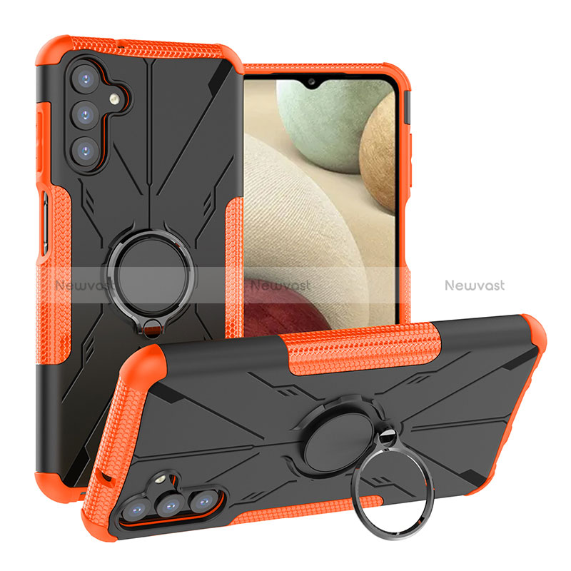 Silicone Matte Finish and Plastic Back Cover Case with Magnetic Finger Ring Stand JX1 for Samsung Galaxy A13 5G Orange
