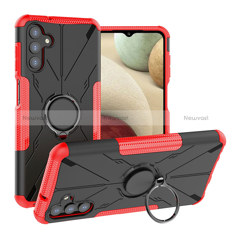 Silicone Matte Finish and Plastic Back Cover Case with Magnetic Finger Ring Stand JX1 for Samsung Galaxy A13 5G Red