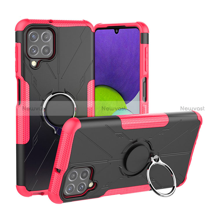 Silicone Matte Finish and Plastic Back Cover Case with Magnetic Finger Ring Stand JX1 for Samsung Galaxy A22 4G Hot Pink