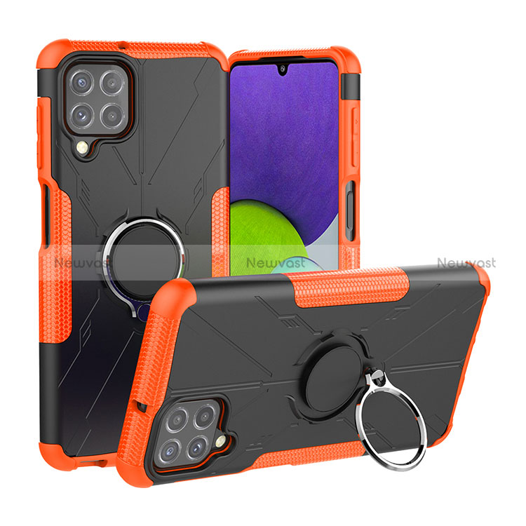 Silicone Matte Finish and Plastic Back Cover Case with Magnetic Finger Ring Stand JX1 for Samsung Galaxy A22 4G Orange