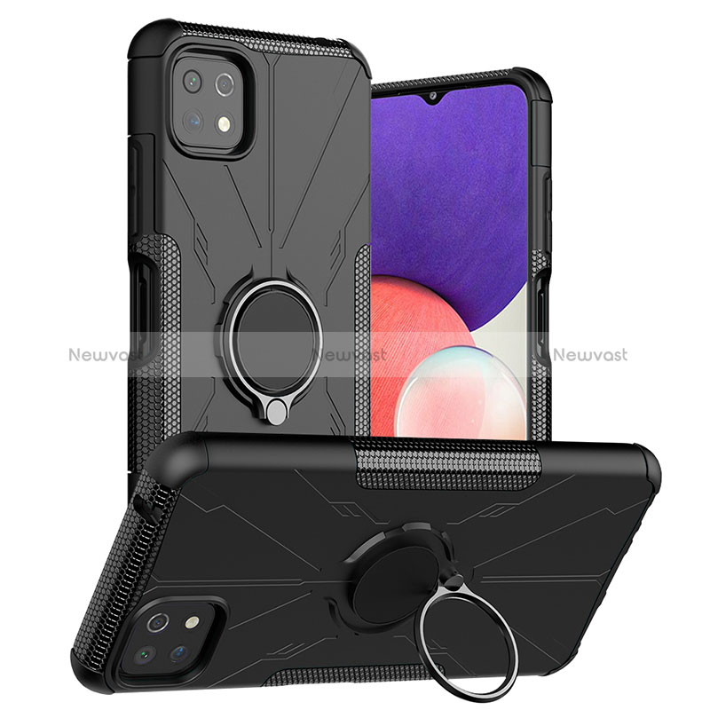 Silicone Matte Finish and Plastic Back Cover Case with Magnetic Finger Ring Stand JX1 for Samsung Galaxy A22 5G Black