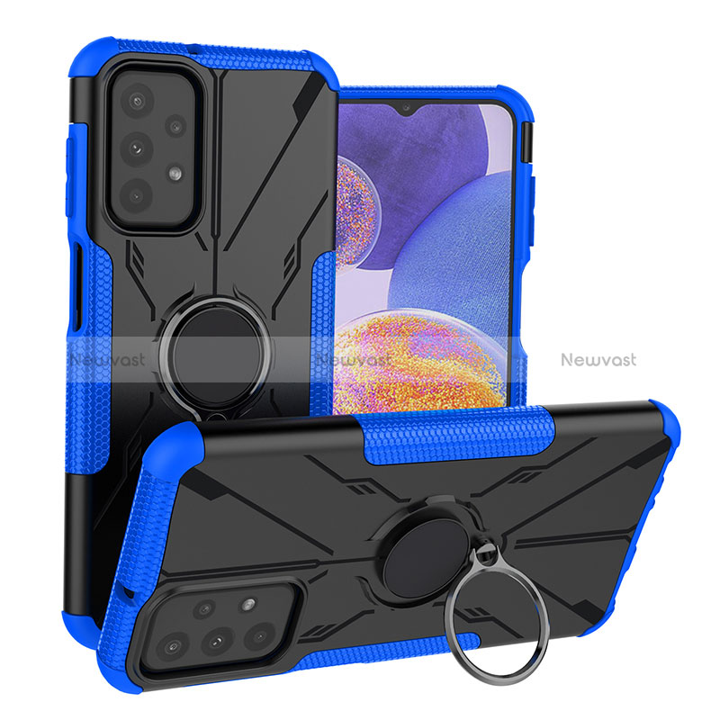 Silicone Matte Finish and Plastic Back Cover Case with Magnetic Finger Ring Stand JX1 for Samsung Galaxy A23 4G Blue