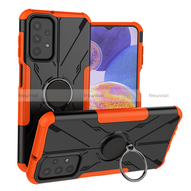 Silicone Matte Finish and Plastic Back Cover Case with Magnetic Finger Ring Stand JX1 for Samsung Galaxy A23 4G Orange