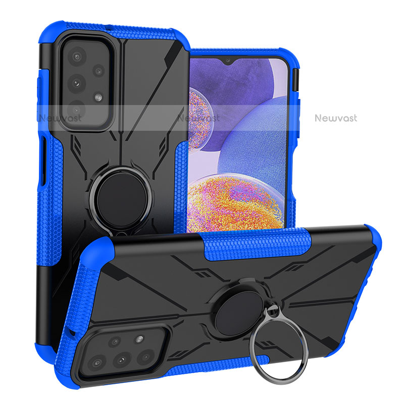 Silicone Matte Finish and Plastic Back Cover Case with Magnetic Finger Ring Stand JX1 for Samsung Galaxy A23 5G Blue