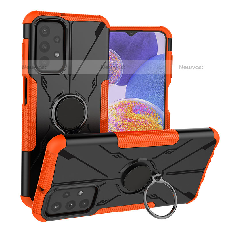 Silicone Matte Finish and Plastic Back Cover Case with Magnetic Finger Ring Stand JX1 for Samsung Galaxy A23 5G Orange