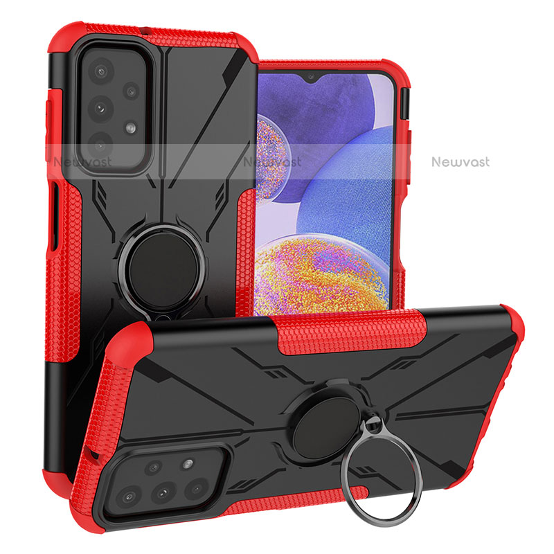 Silicone Matte Finish and Plastic Back Cover Case with Magnetic Finger Ring Stand JX1 for Samsung Galaxy A23 5G Red