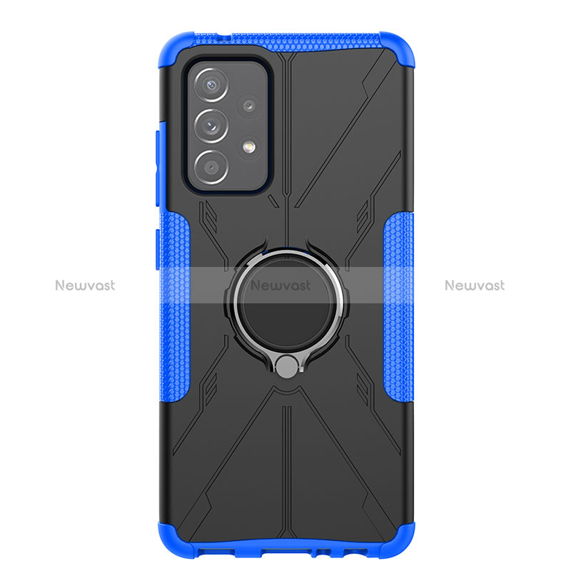 Silicone Matte Finish and Plastic Back Cover Case with Magnetic Finger Ring Stand JX1 for Samsung Galaxy A52 4G Blue