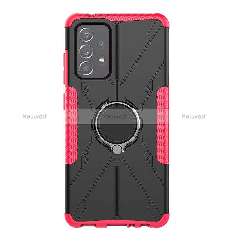 Silicone Matte Finish and Plastic Back Cover Case with Magnetic Finger Ring Stand JX1 for Samsung Galaxy A52 5G Hot Pink