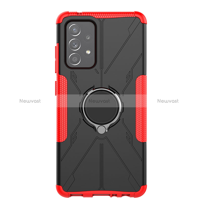 Silicone Matte Finish and Plastic Back Cover Case with Magnetic Finger Ring Stand JX1 for Samsung Galaxy A52 5G Red