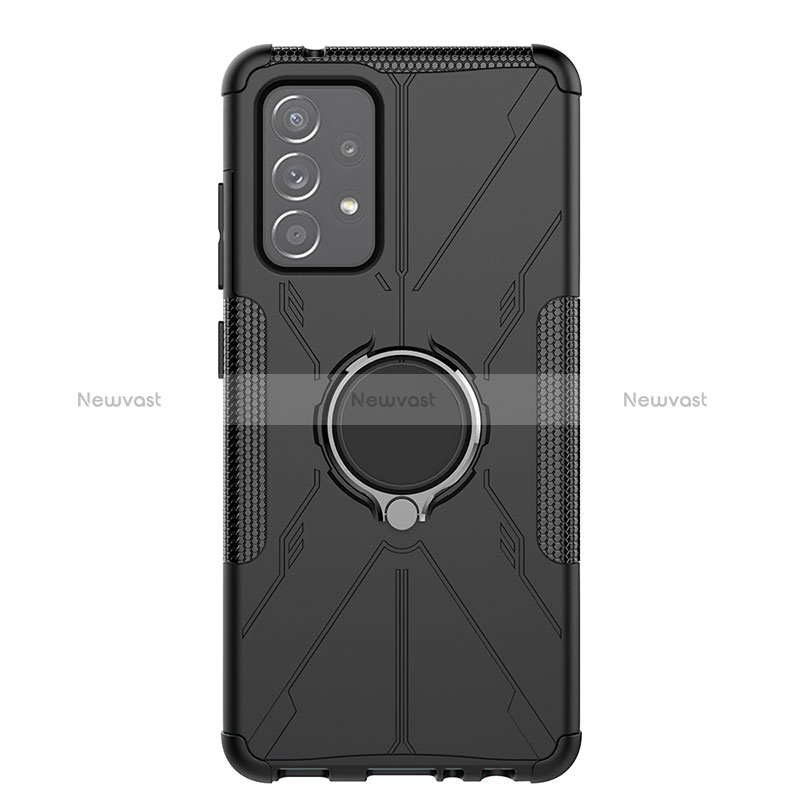 Silicone Matte Finish and Plastic Back Cover Case with Magnetic Finger Ring Stand JX1 for Samsung Galaxy A52s 5G Black