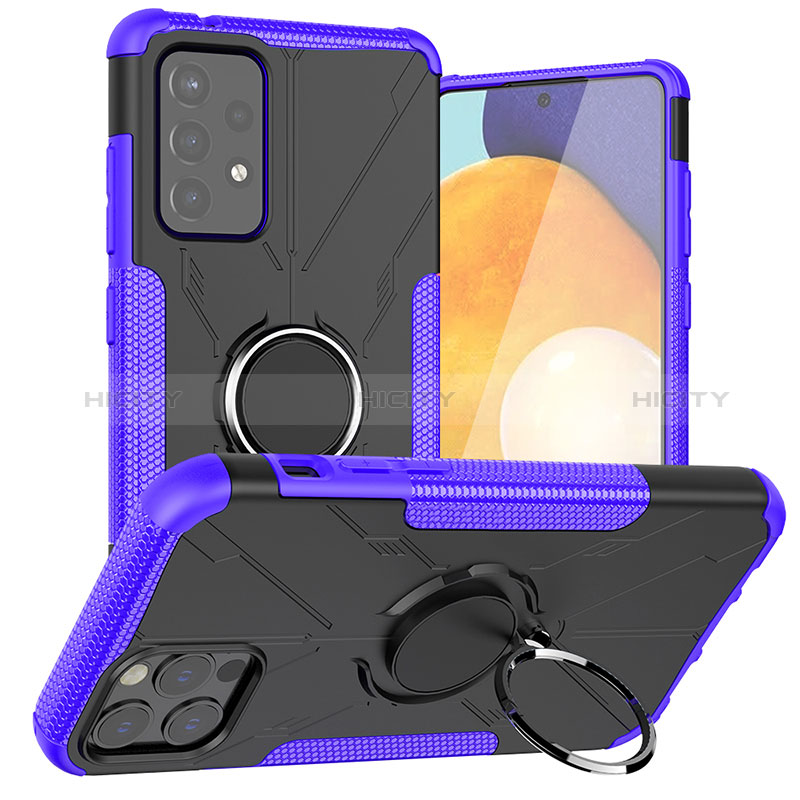 Silicone Matte Finish and Plastic Back Cover Case with Magnetic Finger Ring Stand JX1 for Samsung Galaxy A72 5G Purple