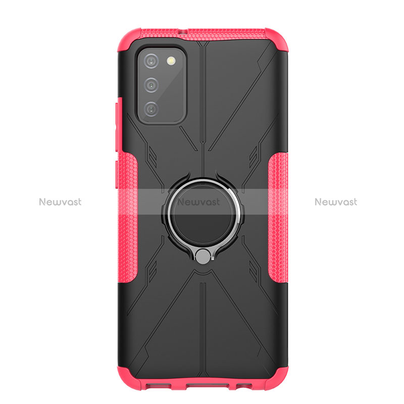 Silicone Matte Finish and Plastic Back Cover Case with Magnetic Finger Ring Stand JX1 for Samsung Galaxy F02S SM-E025F Hot Pink