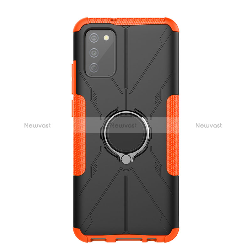 Silicone Matte Finish and Plastic Back Cover Case with Magnetic Finger Ring Stand JX1 for Samsung Galaxy F02S SM-E025F Orange