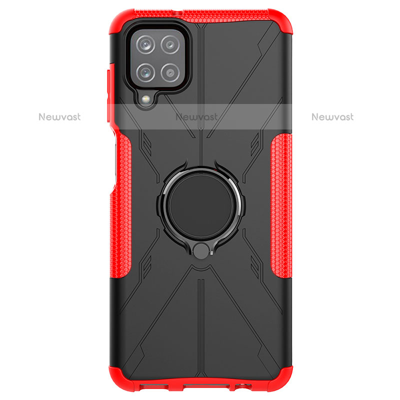 Silicone Matte Finish and Plastic Back Cover Case with Magnetic Finger Ring Stand JX1 for Samsung Galaxy F12 Red