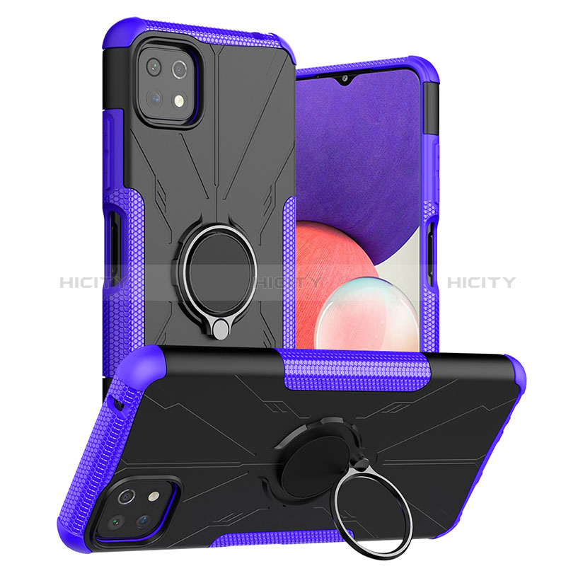 Silicone Matte Finish and Plastic Back Cover Case with Magnetic Finger Ring Stand JX1 for Samsung Galaxy F42 5G Purple