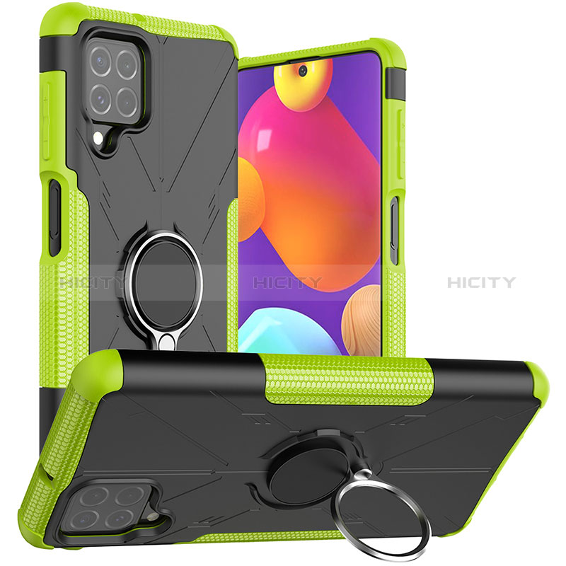 Silicone Matte Finish and Plastic Back Cover Case with Magnetic Finger Ring Stand JX1 for Samsung Galaxy F62 5G Green