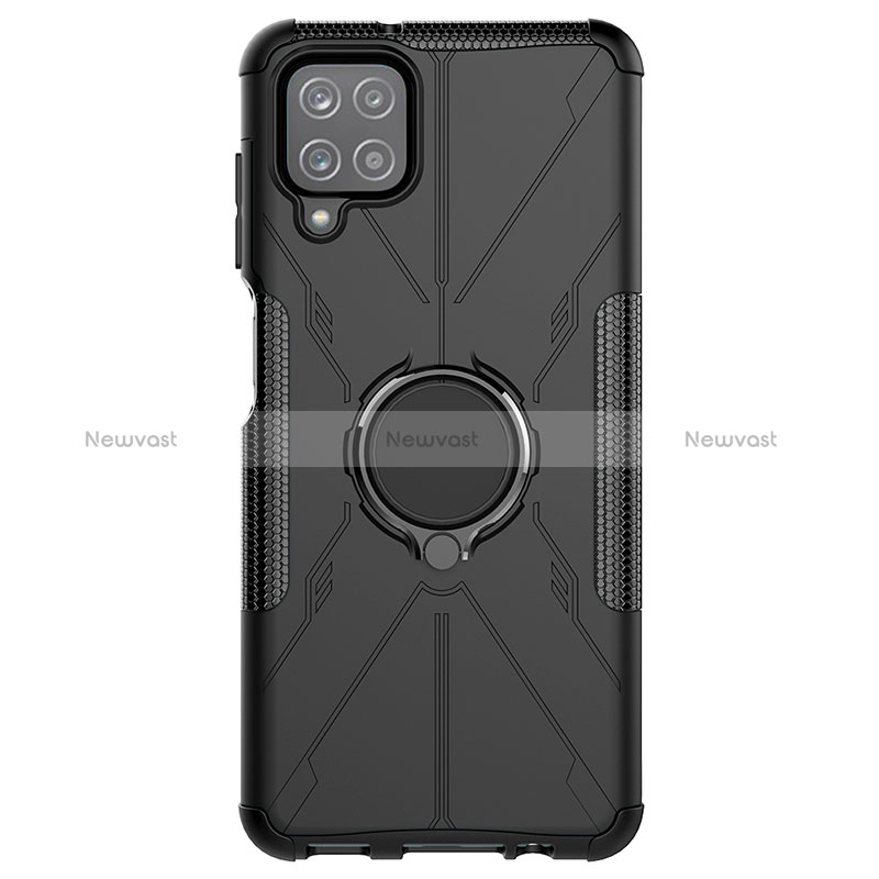 Silicone Matte Finish and Plastic Back Cover Case with Magnetic Finger Ring Stand JX1 for Samsung Galaxy M12 Black