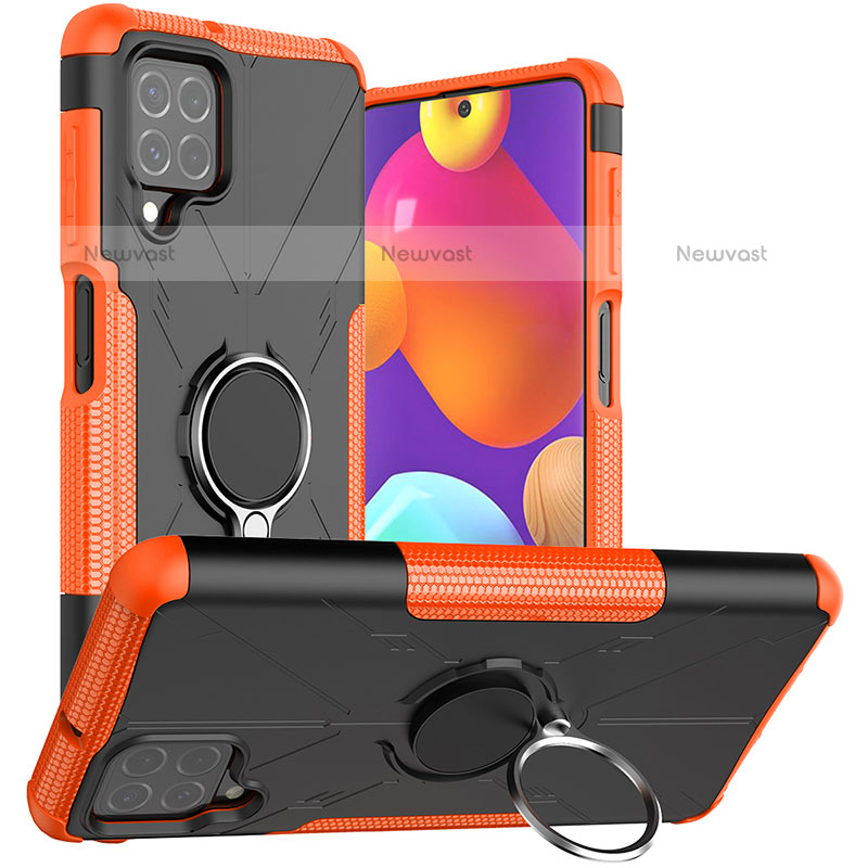 Silicone Matte Finish and Plastic Back Cover Case with Magnetic Finger Ring Stand JX1 for Samsung Galaxy M62 4G Orange