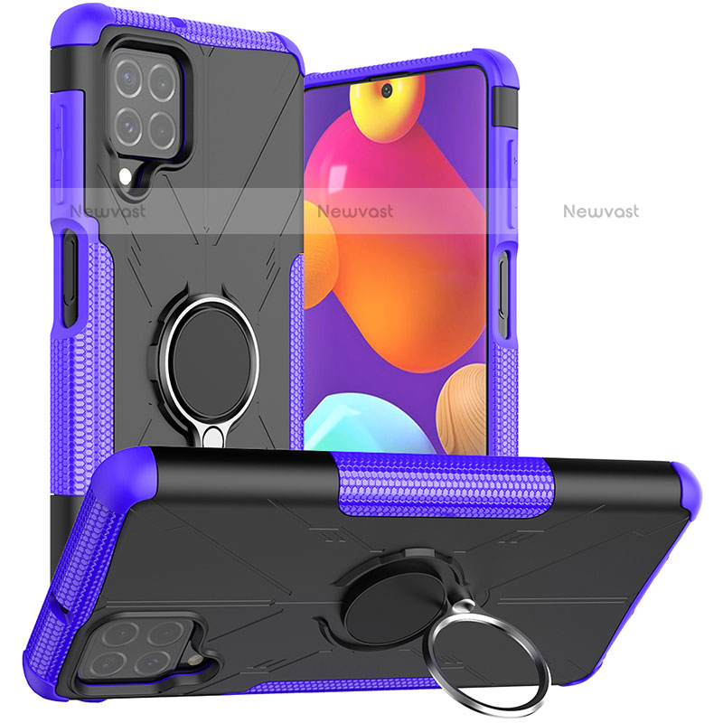 Silicone Matte Finish and Plastic Back Cover Case with Magnetic Finger Ring Stand JX1 for Samsung Galaxy M62 4G Purple