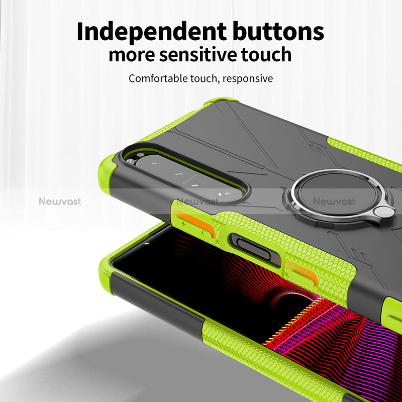 Silicone Matte Finish and Plastic Back Cover Case with Magnetic Finger Ring Stand JX1 for Sony Xperia 1 III