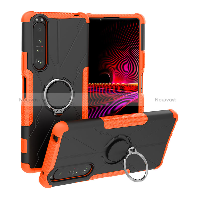 Silicone Matte Finish and Plastic Back Cover Case with Magnetic Finger Ring Stand JX1 for Sony Xperia 1 III