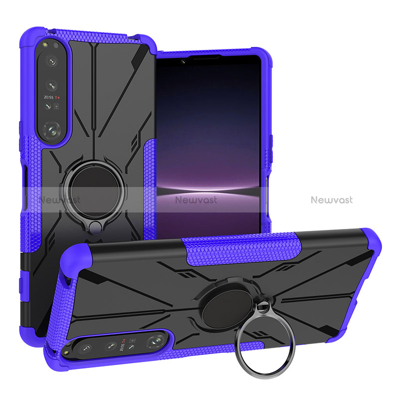 Silicone Matte Finish and Plastic Back Cover Case with Magnetic Finger Ring Stand JX1 for Sony Xperia 1 IV Purple