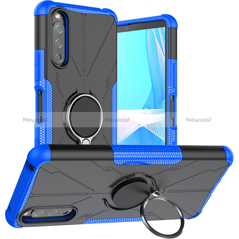 Silicone Matte Finish and Plastic Back Cover Case with Magnetic Finger Ring Stand JX1 for Sony Xperia 10 III Lite Blue