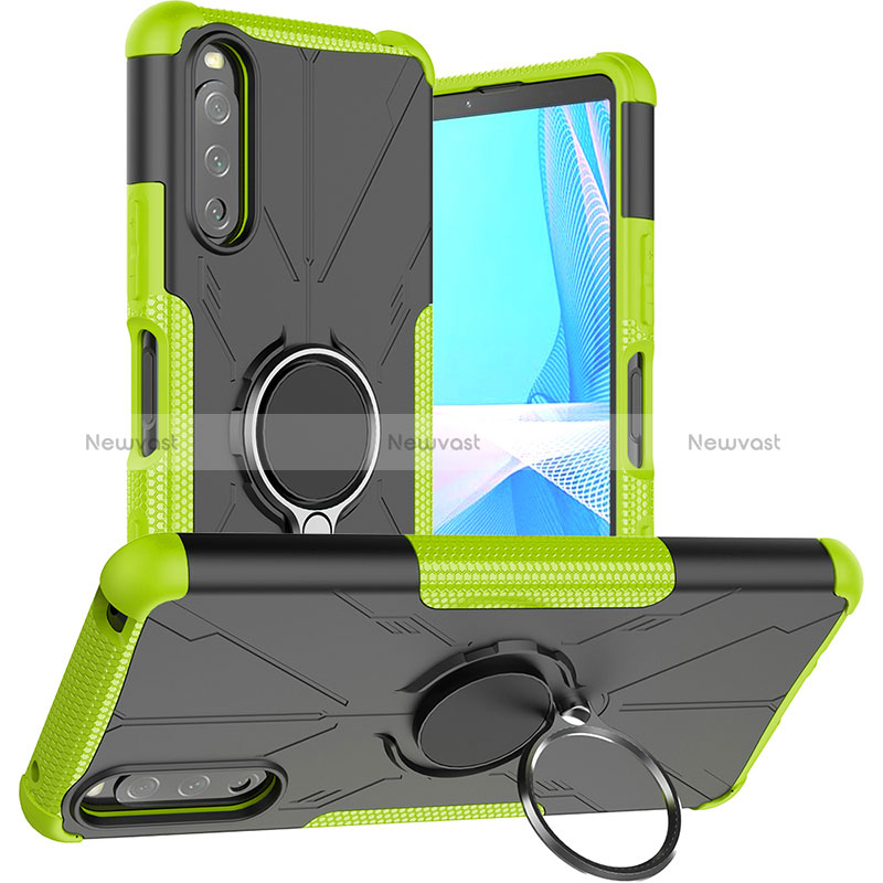 Silicone Matte Finish and Plastic Back Cover Case with Magnetic Finger Ring Stand JX1 for Sony Xperia 10 III Lite Green