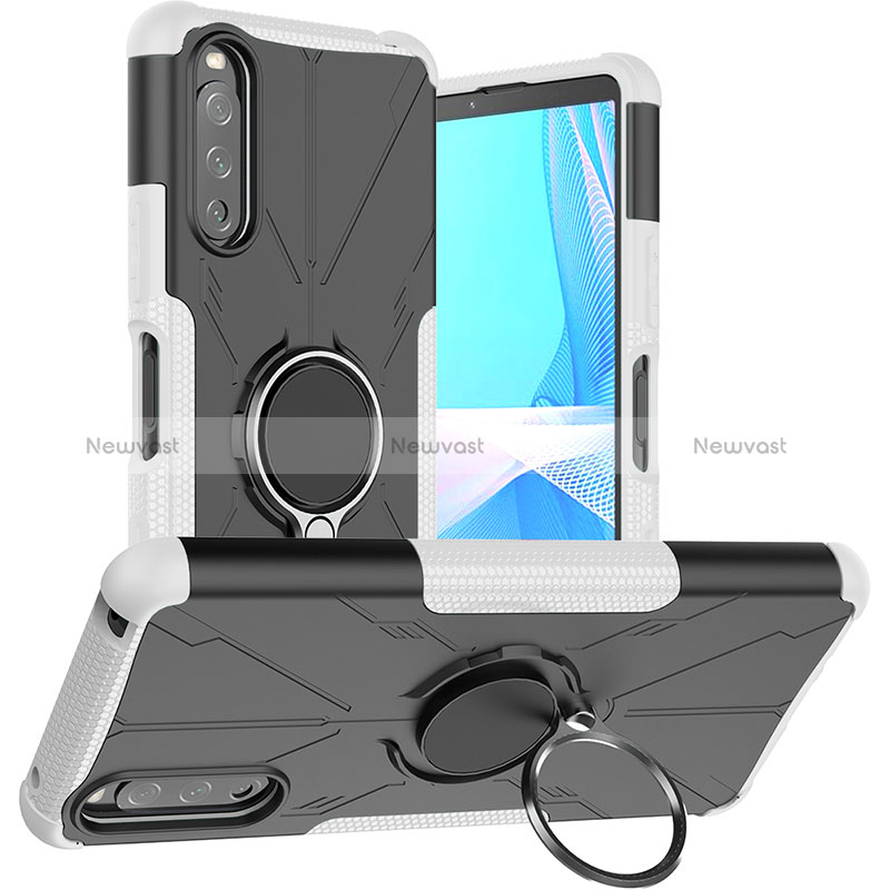 Silicone Matte Finish and Plastic Back Cover Case with Magnetic Finger Ring Stand JX1 for Sony Xperia 10 III Lite Silver