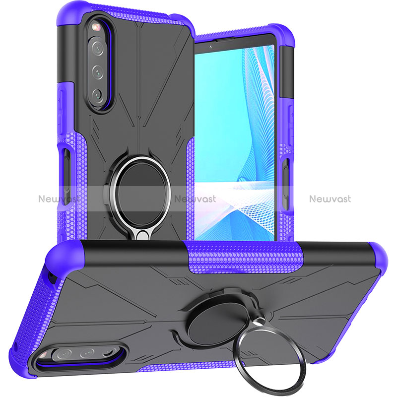 Silicone Matte Finish and Plastic Back Cover Case with Magnetic Finger Ring Stand JX1 for Sony Xperia 10 III Purple