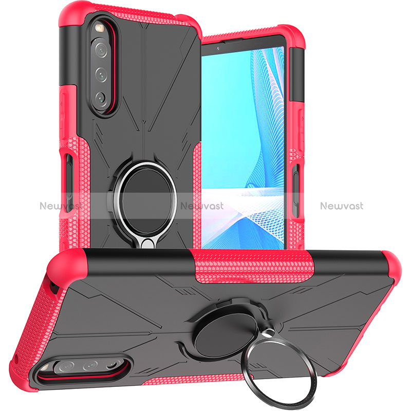 Silicone Matte Finish and Plastic Back Cover Case with Magnetic Finger Ring Stand JX1 for Sony Xperia 10 III SO-52B Hot Pink