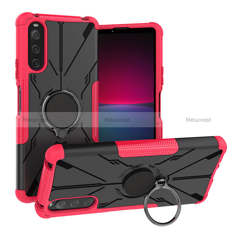 Silicone Matte Finish and Plastic Back Cover Case with Magnetic Finger Ring Stand JX1 for Sony Xperia 10 IV Hot Pink