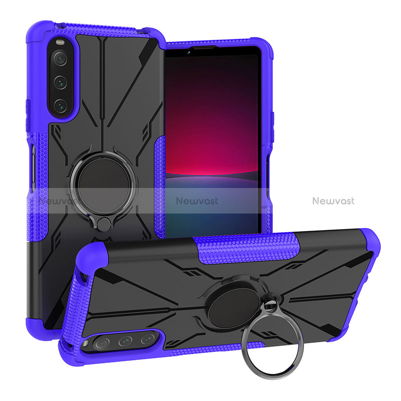 Silicone Matte Finish and Plastic Back Cover Case with Magnetic Finger Ring Stand JX1 for Sony Xperia 10 IV Purple