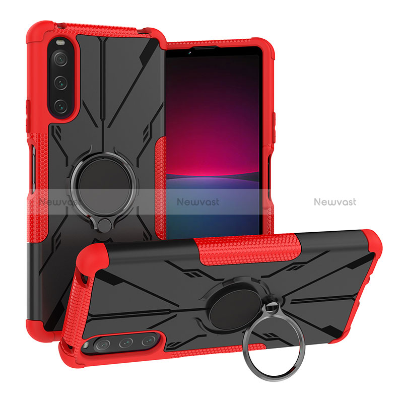 Silicone Matte Finish and Plastic Back Cover Case with Magnetic Finger Ring Stand JX1 for Sony Xperia 10 IV Red