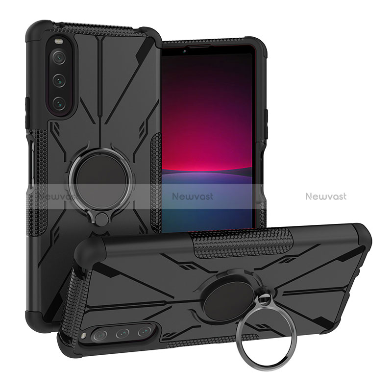 Silicone Matte Finish and Plastic Back Cover Case with Magnetic Finger Ring Stand JX1 for Sony Xperia 10 IV SOG07