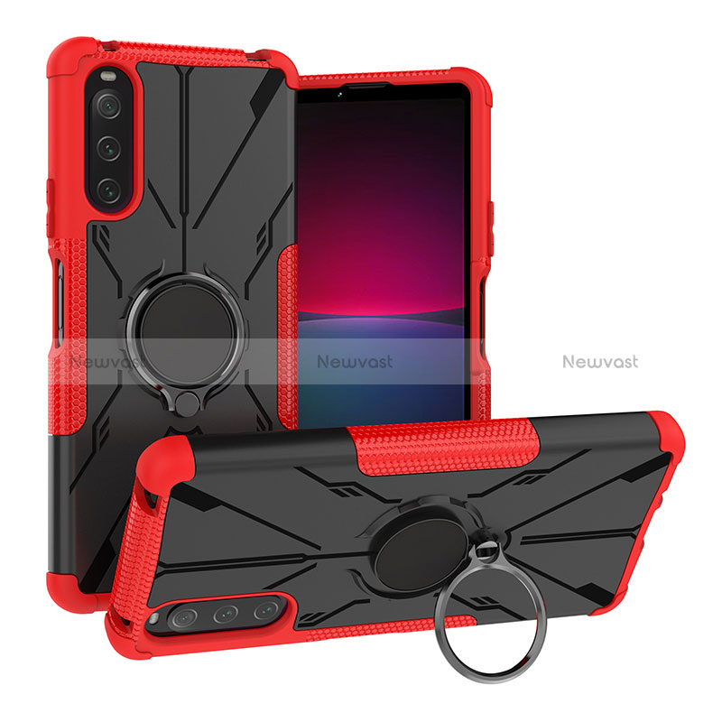 Silicone Matte Finish and Plastic Back Cover Case with Magnetic Finger Ring Stand JX1 for Sony Xperia 10 IV SOG07 Red