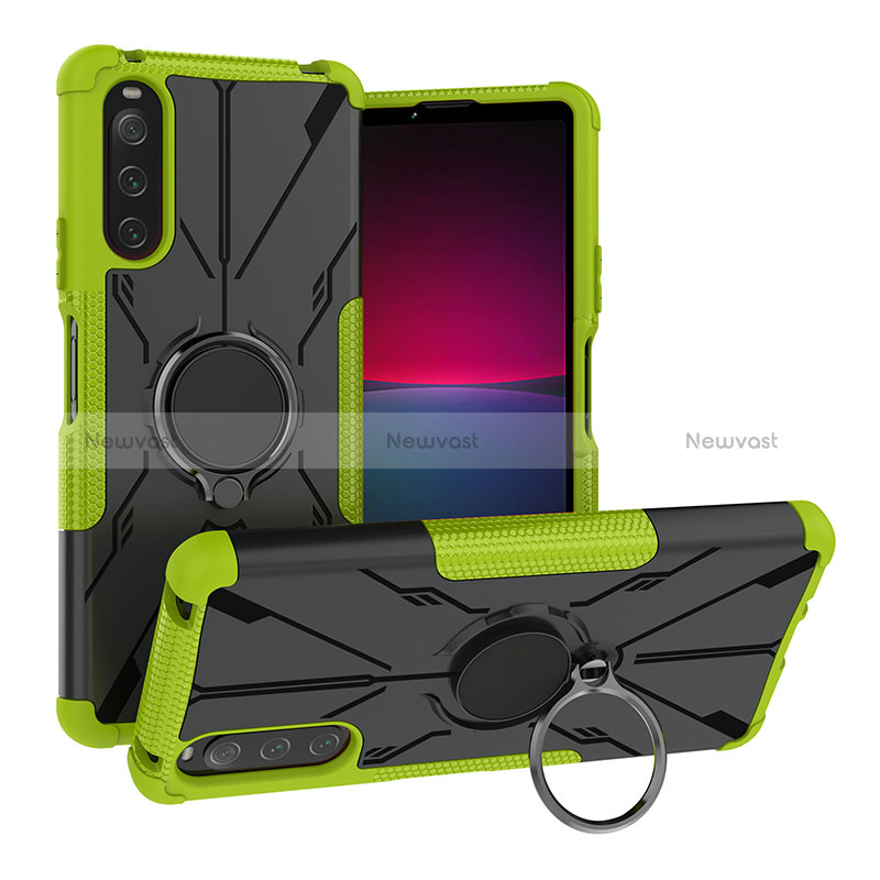 Silicone Matte Finish and Plastic Back Cover Case with Magnetic Finger Ring Stand JX1 for Sony Xperia 10 V Green