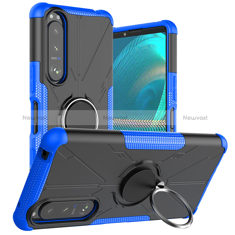 Silicone Matte Finish and Plastic Back Cover Case with Magnetic Finger Ring Stand JX1 for Sony Xperia 5 III Blue