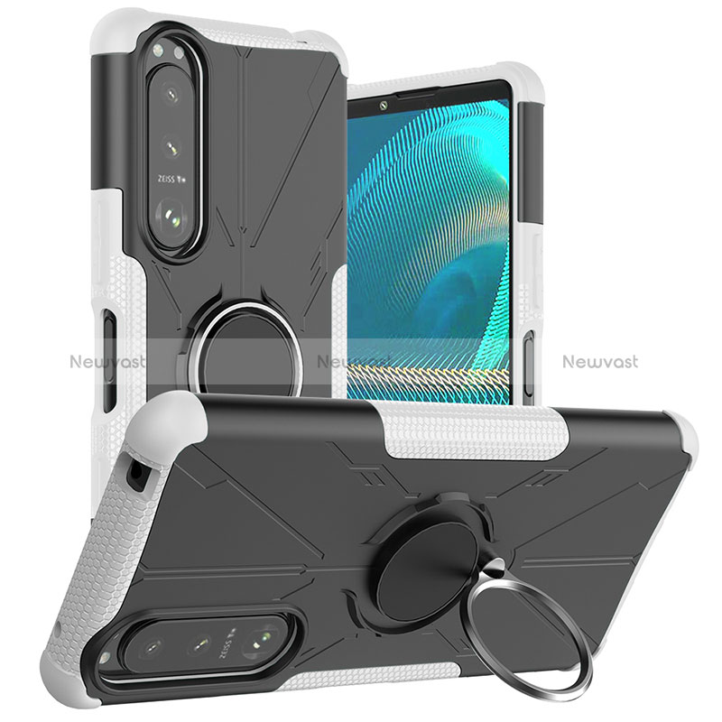 Silicone Matte Finish and Plastic Back Cover Case with Magnetic Finger Ring Stand JX1 for Sony Xperia 5 III Silver