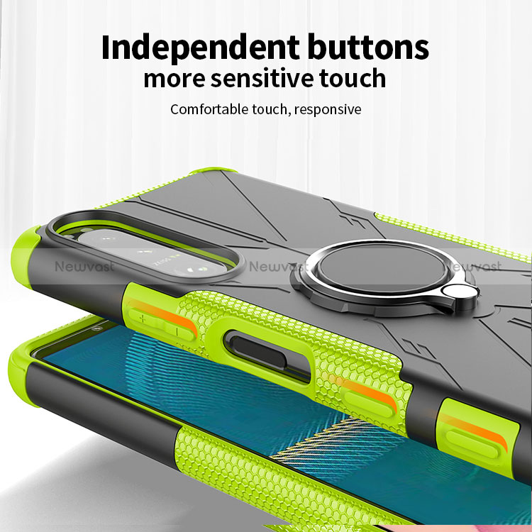 Silicone Matte Finish and Plastic Back Cover Case with Magnetic Finger Ring Stand JX1 for Sony Xperia 5 III SO-53B