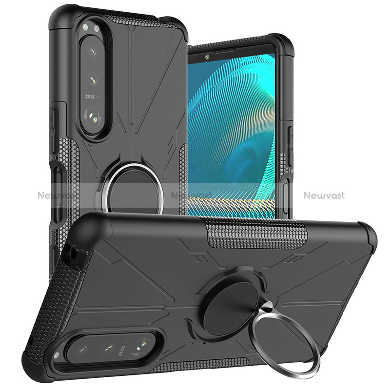 Silicone Matte Finish and Plastic Back Cover Case with Magnetic Finger Ring Stand JX1 for Sony Xperia 5 III SO-53B Black