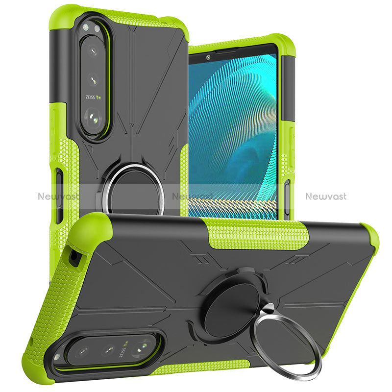 Silicone Matte Finish and Plastic Back Cover Case with Magnetic Finger Ring Stand JX1 for Sony Xperia 5 III SO-53B Green