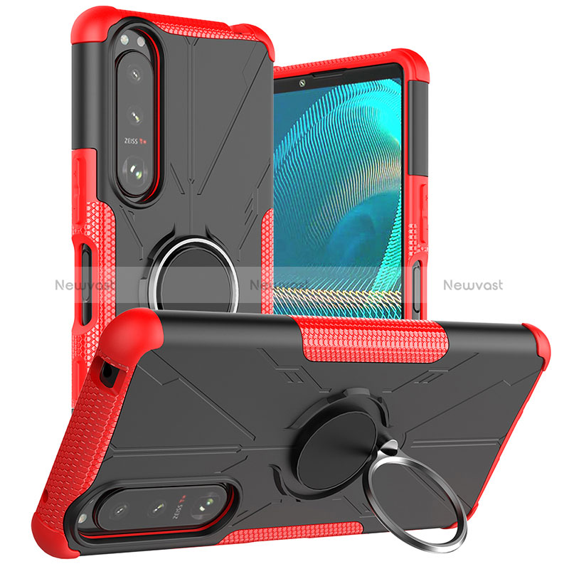 Silicone Matte Finish and Plastic Back Cover Case with Magnetic Finger Ring Stand JX1 for Sony Xperia 5 III SO-53B Red