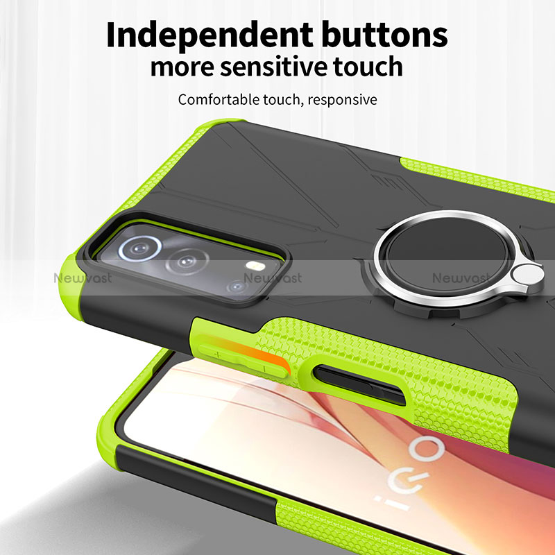 Silicone Matte Finish and Plastic Back Cover Case with Magnetic Finger Ring Stand JX1 for Vivo iQOO Z3 5G